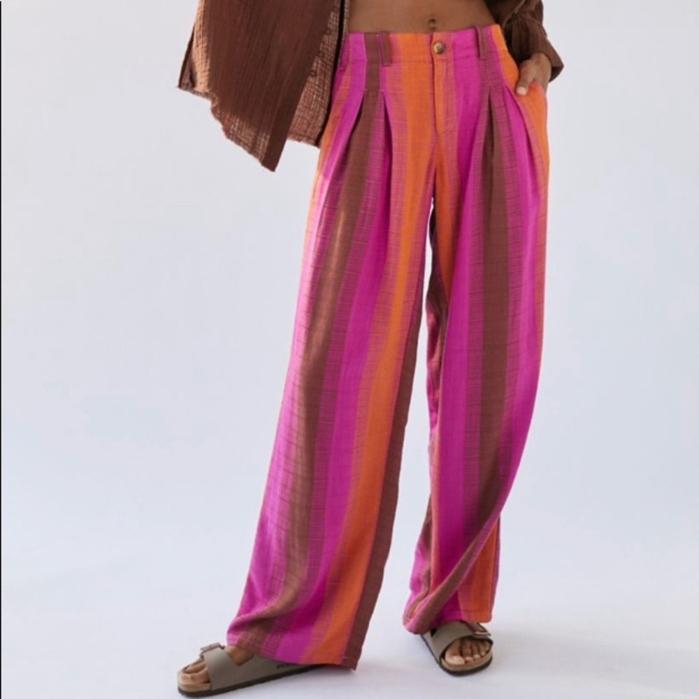 Linen Low-Rise Trouser Pant (magenta, brown and orange)